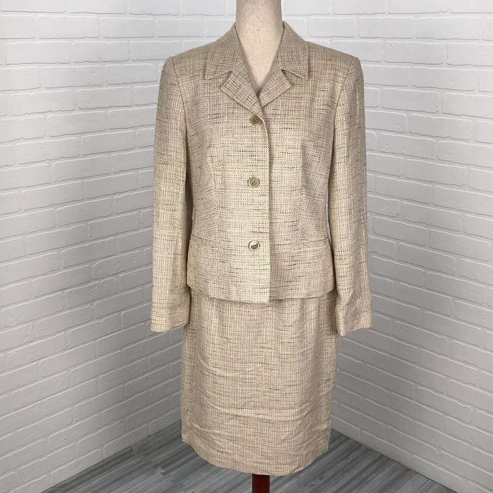 Jones New York Skirt Suit Women 10 38 30Wx22L Brown Tan Woven Cotton Linen